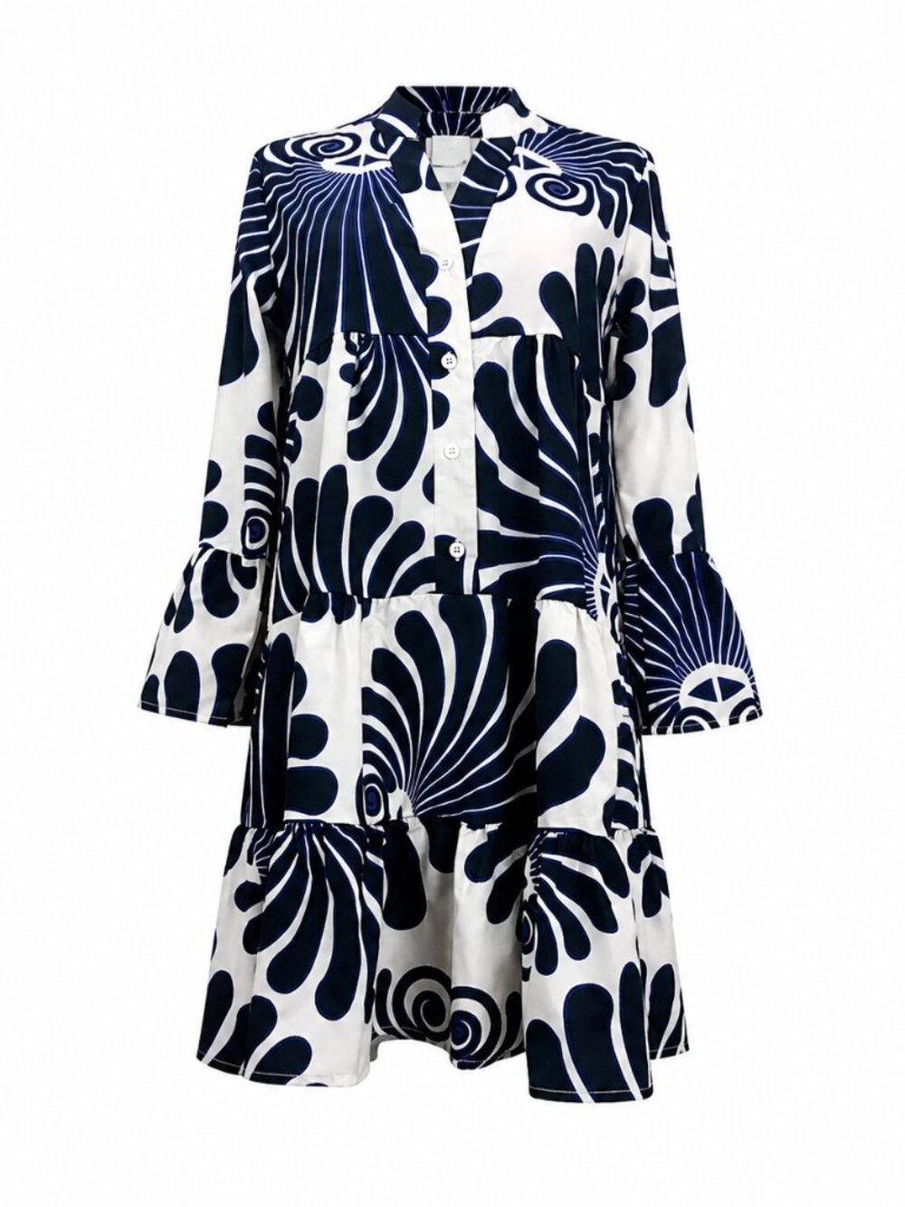 Blue White Abstract Print Tiered Shirt Dress New | 49